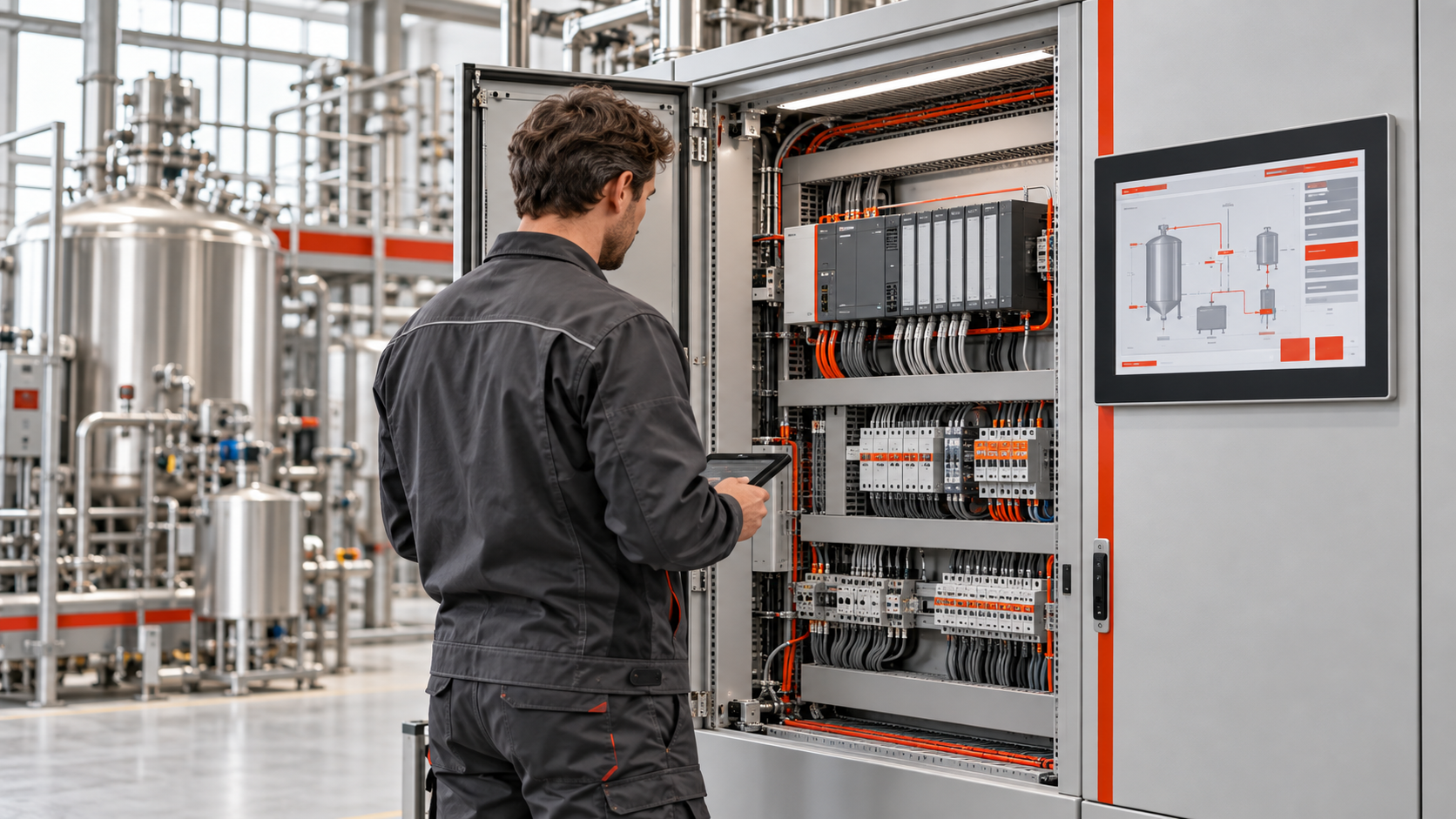 Opdenhoff entwickelt Lösungen für Engineering, Digitalisierung, Automatisierung und KI in der Prozessindustrie. 1 Anlagen modernisieren Techniker prüft einen geöffneten Schaltschrank mit moderner Steuerung und Bedienpanel in einer Produktionsanlage.
