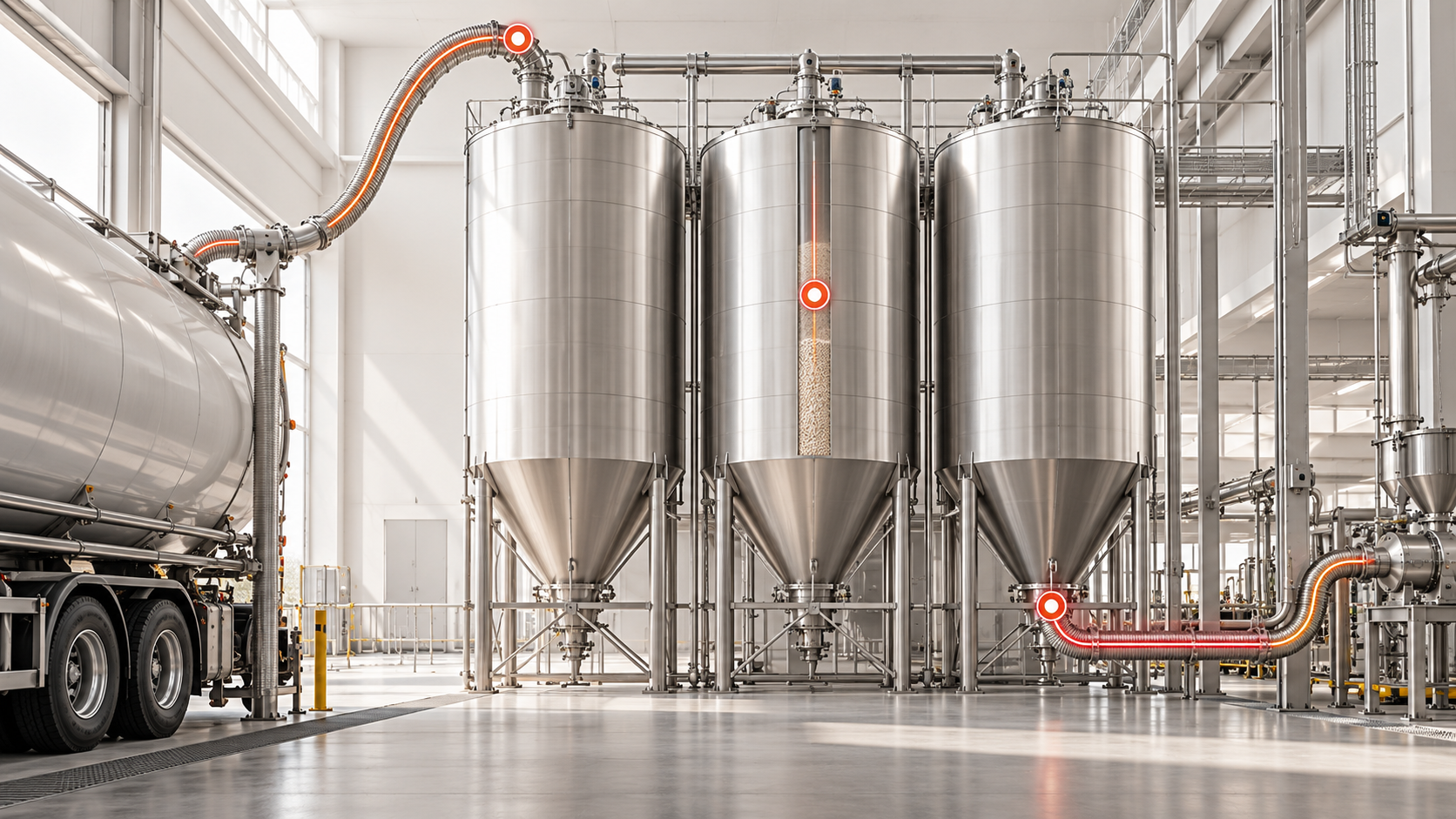 Opdenhoff entwickelt Lösungen für Engineering, Digitalisierung, Automatisierung und KI in der Prozessindustrie. 2 Rohstoffe rückverfolgen Drei Rohstoffsilos mit Rohrleitungen. Rot-orange Markierungen veranschaulichen den Materialfluss von der Anlieferung bis zur Entnahme.