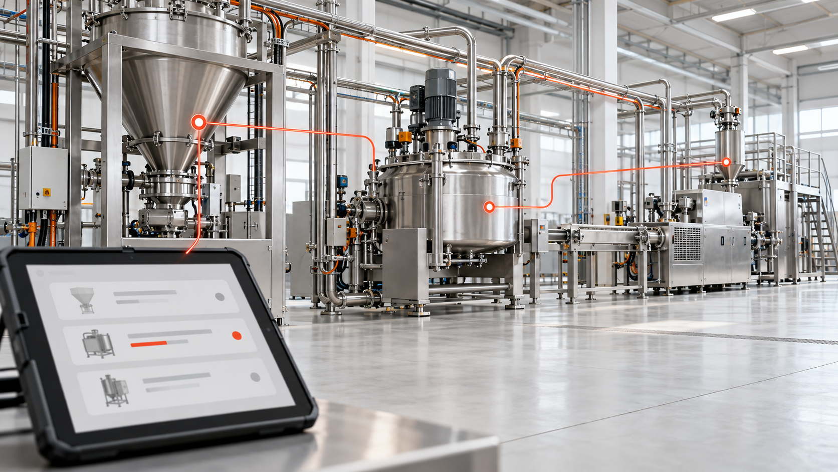 Opdenhoff entwickelt Lösungen für Engineering, Digitalisierung, Automatisierung und KI in der Prozessindustrie. 3 Prozesse verbinden Tablet vor einer Produktionsanlage mit Waage und Mischer. Rot-orange Verbindungslinien symbolisieren die Vernetzung von Auftragsdaten und Prozessstationen.